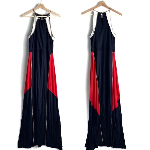 Ann Taylor maxi dress red white navy and tan size small high neckline - Picture 1 of 7